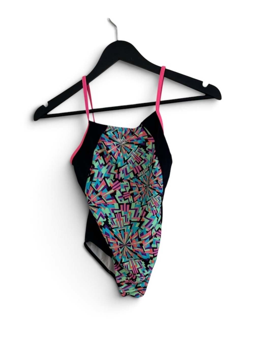 Speedo girls Black Geometric One-Piece Swimsuit with Pink Straps